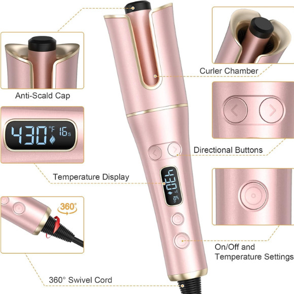 utomatic Hair Curler LCD 1″ Rotating Barrel 4 Heat Settings Dual Voltage Wand