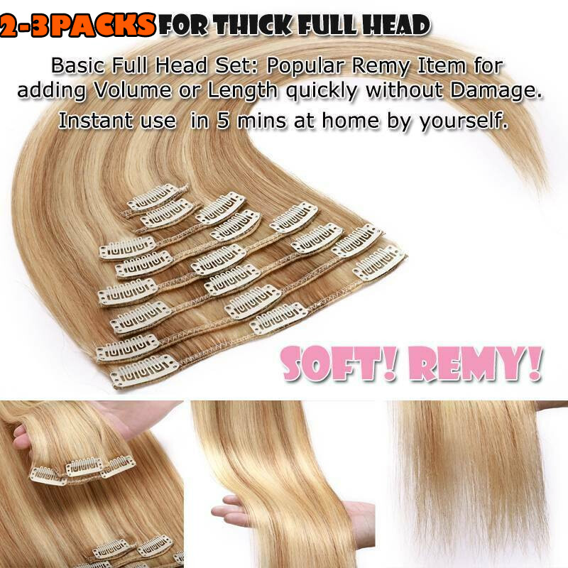 Clip In 100% Real Hair Extensions Remy Human Hair Full Head 8 PIECES 18CLIPS SUA