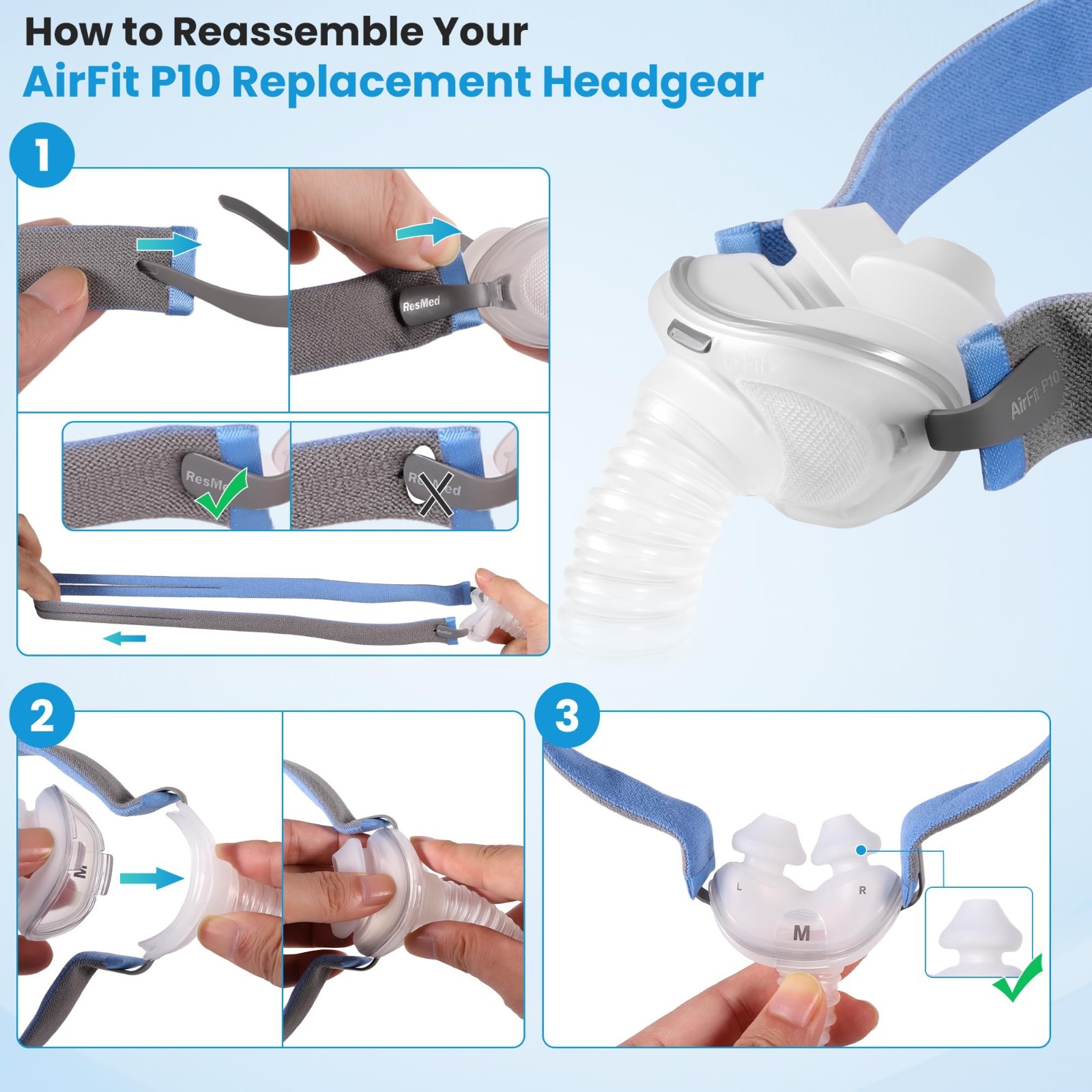 2pcs Airfit P10 Headgear Strap, Replacement CPAP Headgear Compatible with Resmed