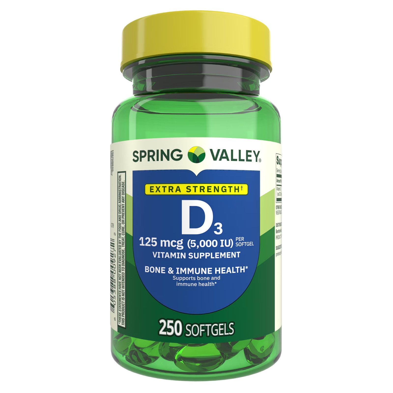 Spring Valley Extra Strength Vitamin D3 Softgels, 125 mcg (5000 IU), 250 Count,