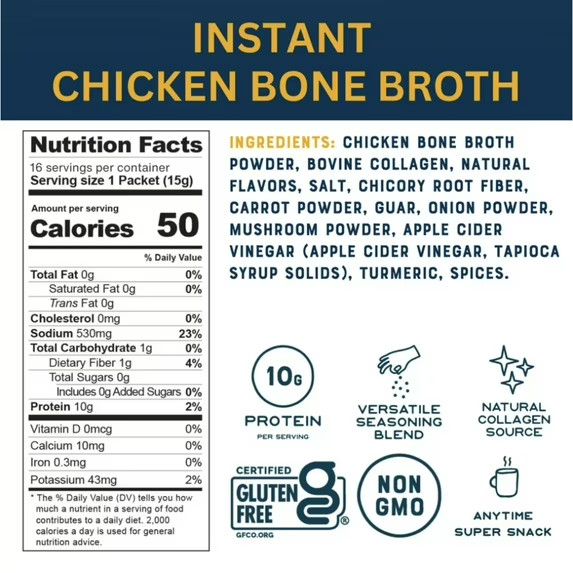 Bare Bones Instant Chicken Bone Broth Sticks, 10G Protein,4.23 oz, 8 Count Total