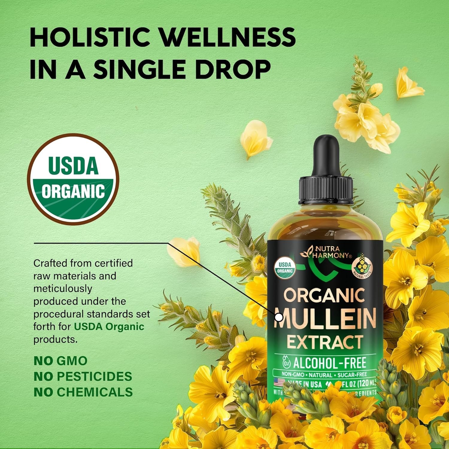 USDA Organic Mullein Leaf Drops 4 fl oz, Alcohol-Free Respiratory Support, USA