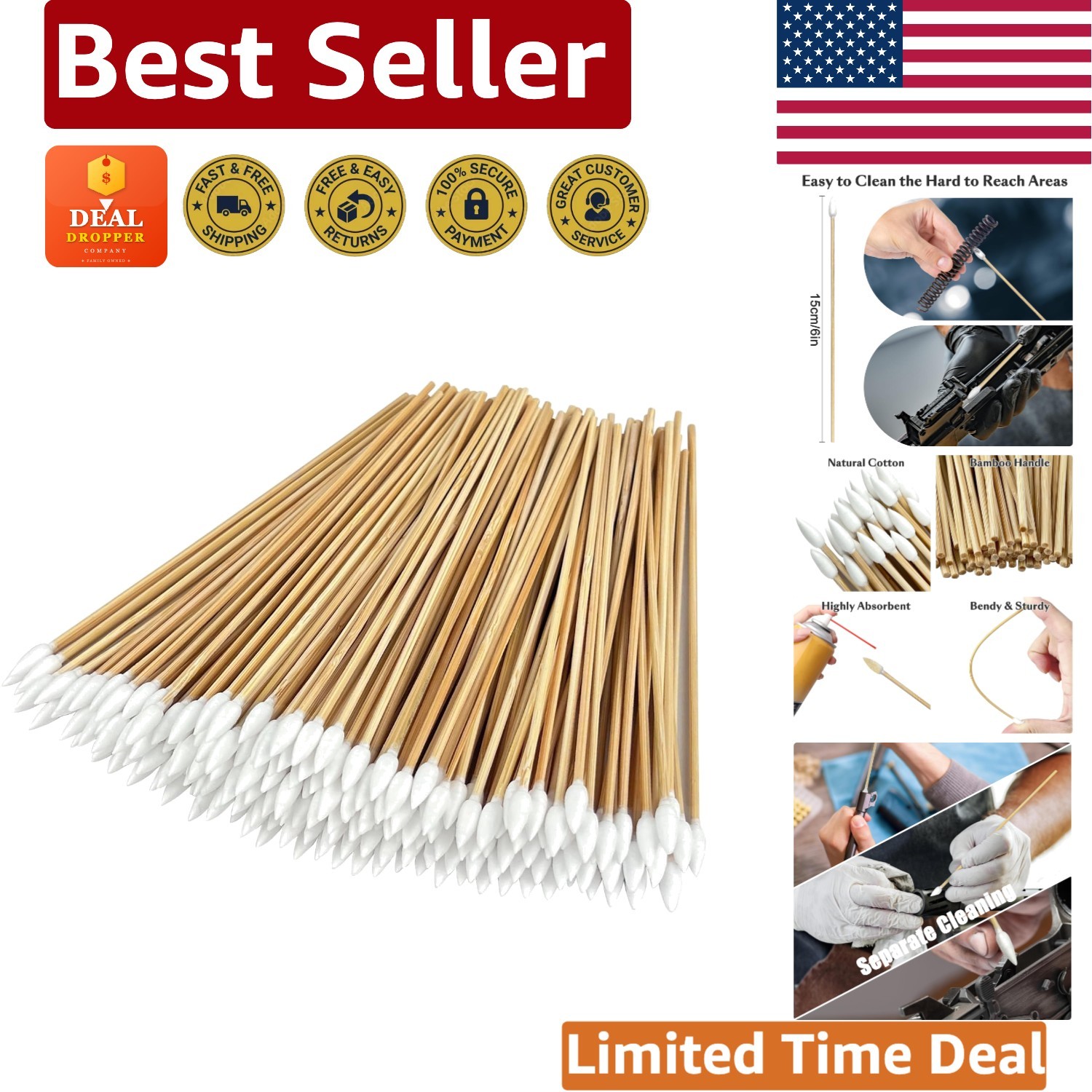 Natural Cotton & Bamboo 6 Inch Swabs – 200 Count for Stunning Precision Cleaning