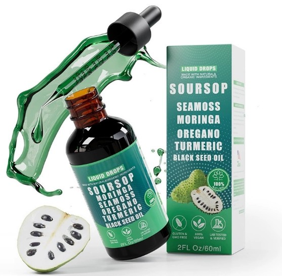 Potent 10-in-1 Soursop Bitters Drops with Sea Moss Moringa Turmeric Black See-