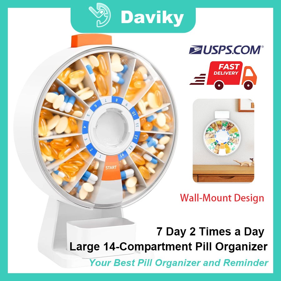 Daviky Pill Dispenser Daily, Large Pill Box Organizer with Wall-Mounted ,14 Days
