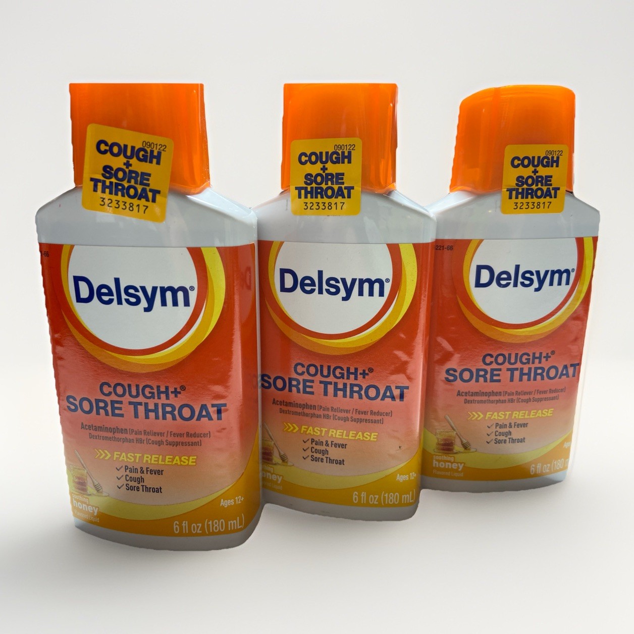 3PK Delsym Adult Liquid Cough Plus Sore Throat Honey 6oz Exp 06/30/2026