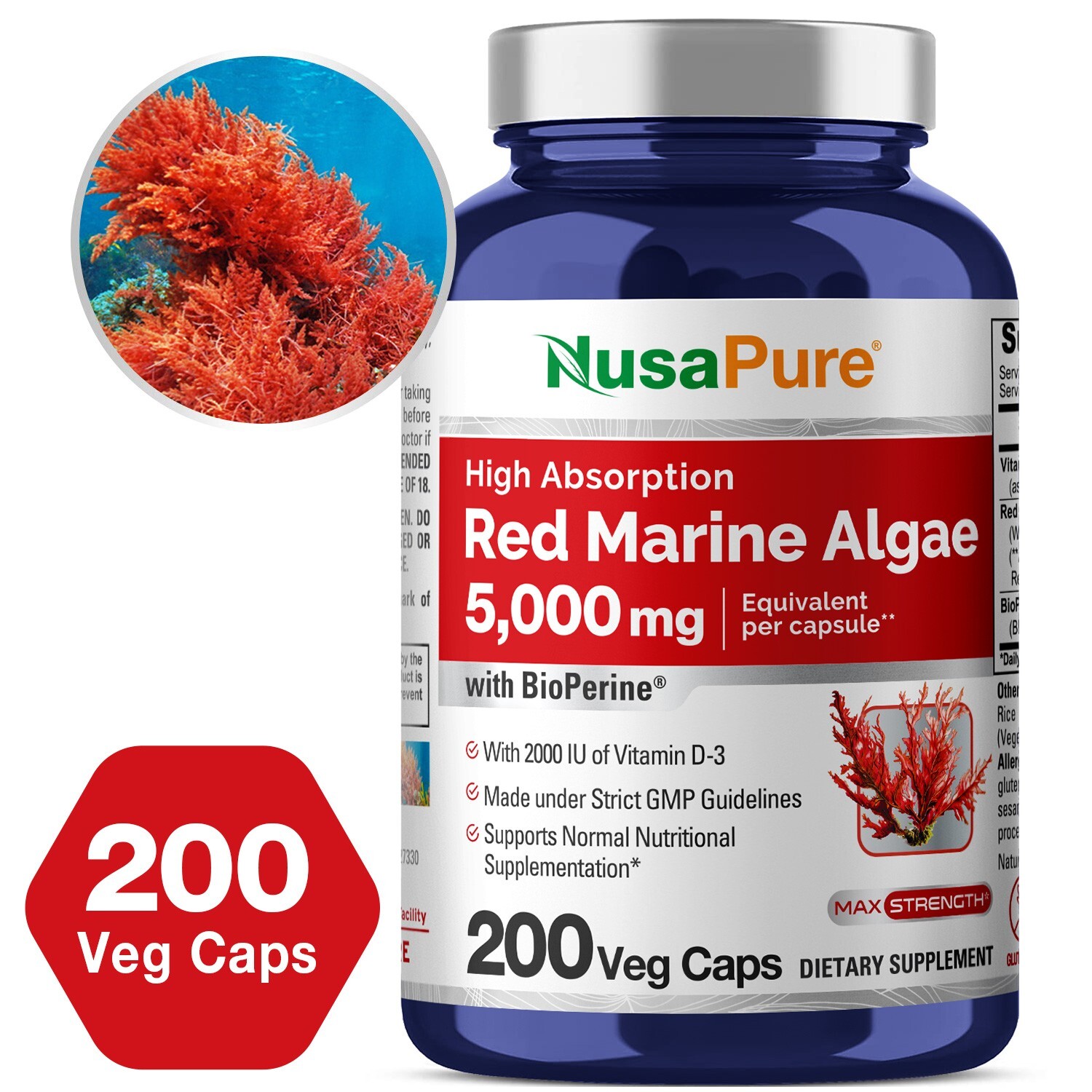 NusaPure Red Marine Algae 5,000mg 200 veggie Capsules with Bioperine