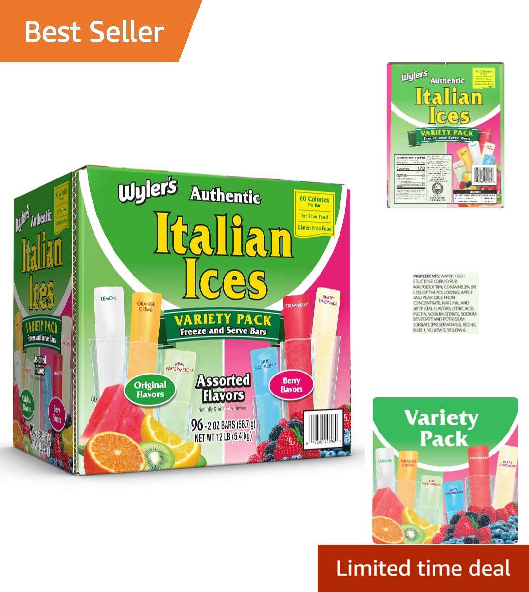 Authentic Italian Ice Freezer Bars 96ct – Fat-Free, Guilt-Free Refreshment
