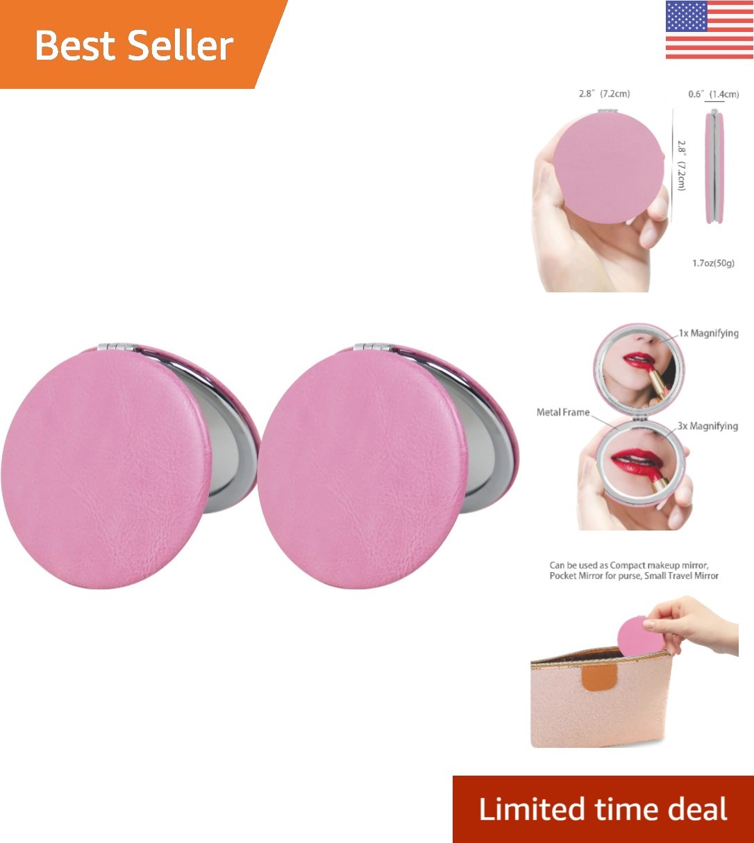 Portable Light Pink Compact Mirror – 2 Pcs Round Magnifying Beauty Tool