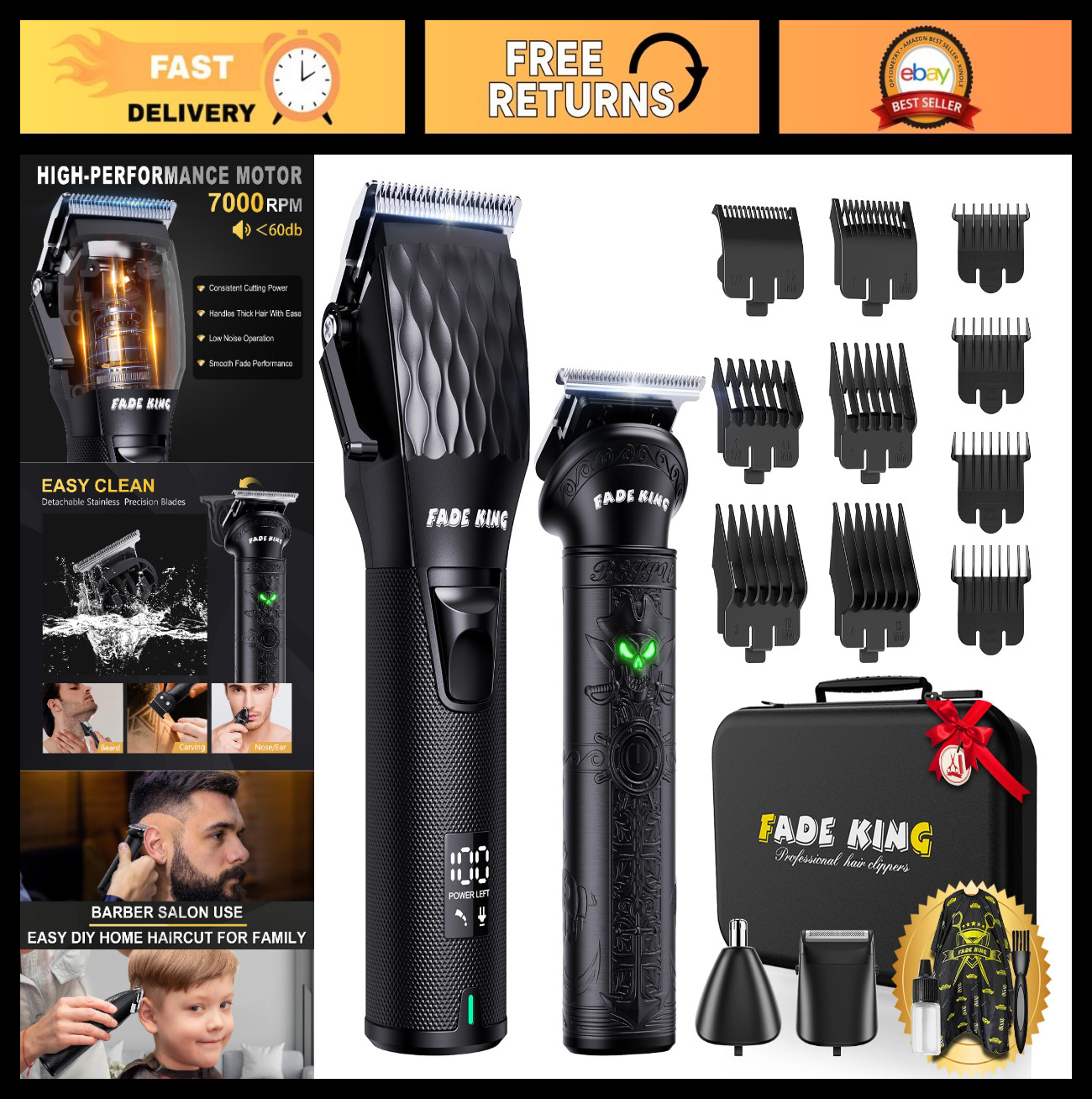 Professional Hair Clippers Set – Cordless Beard & Nose Hair Trimmer, All-in-One