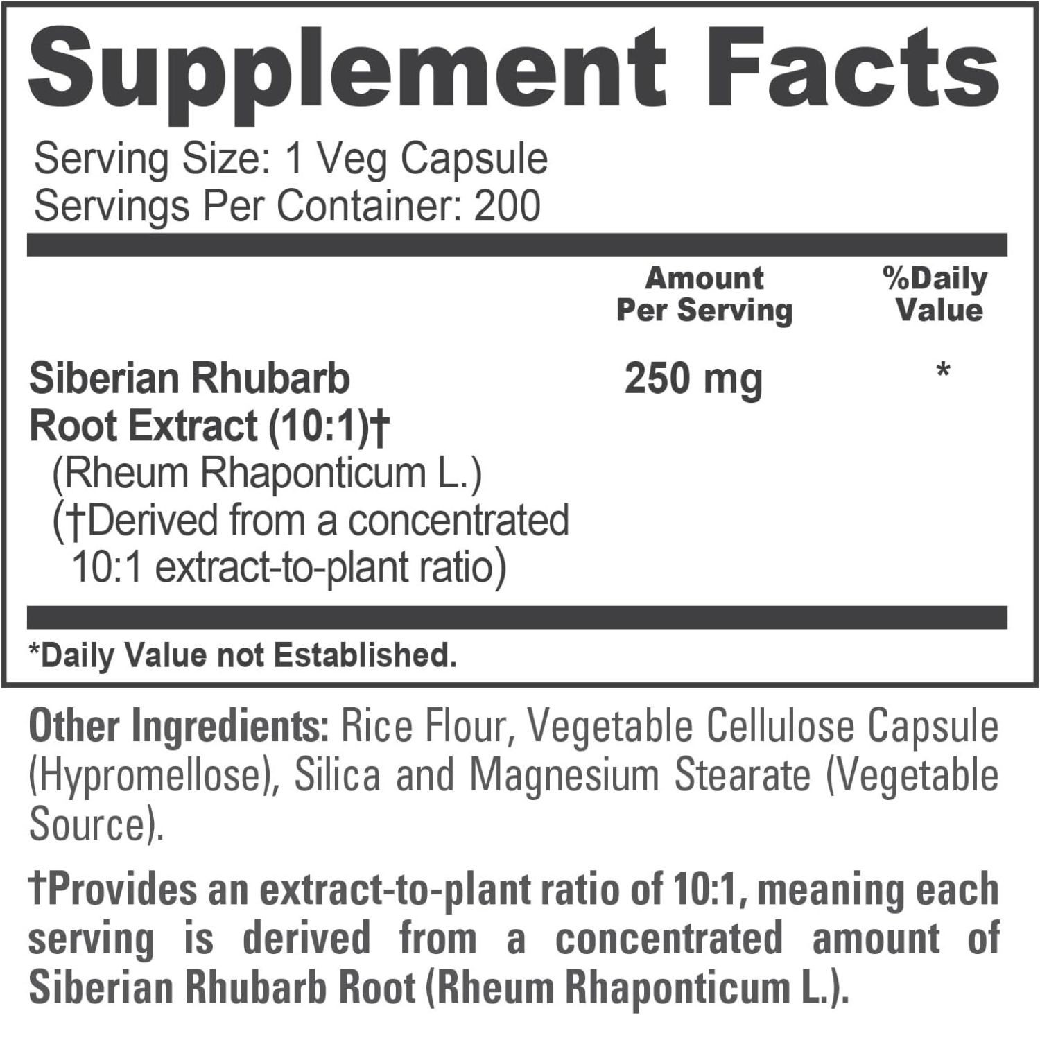 Siberian Rhubarb Extract (10:1) 250mg | 200 Capsules | 200 Day Supply