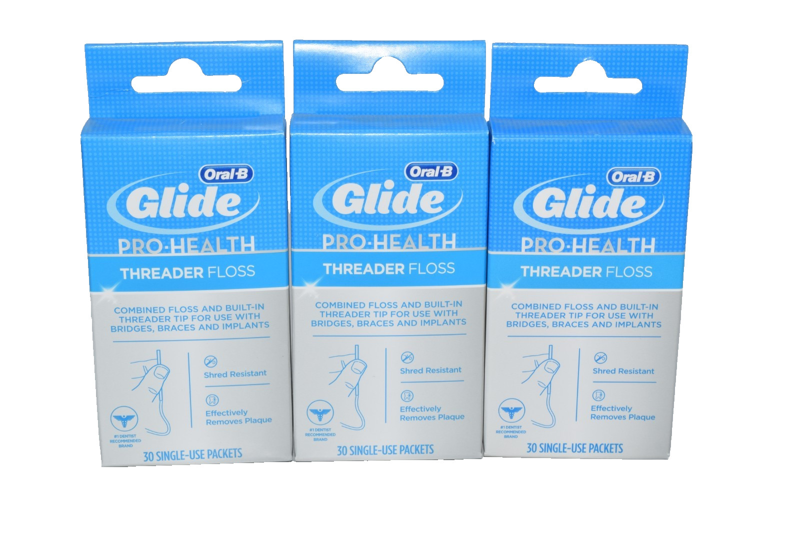 Oral-B Glide Pro Health Threader Floss 30 Single Use Packs ORIGINAL Old, 3 Pack