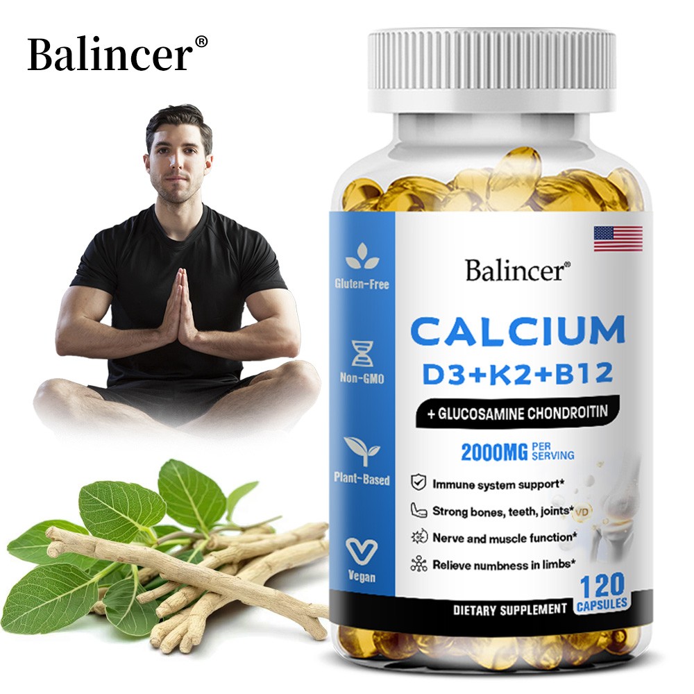 Calcium Capsules With D3+K2+B12,Strong Bone & Muscle,Boost Immunity, 2 Bottle