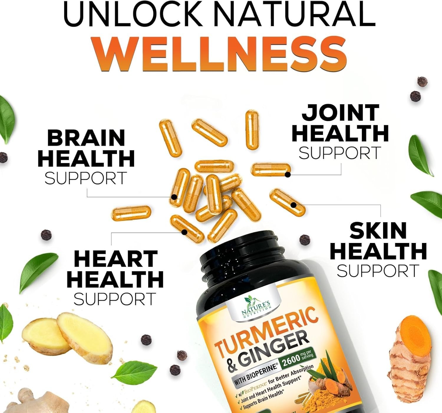 Turmeric Curcumin Supplement 2600mg – with Organic Ginger & Turmeric – BioPerine