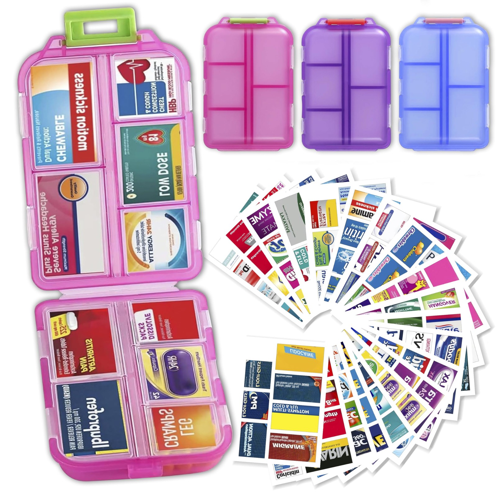 3 Pack Pill Organizers with Medicine Labels, Pink Blue Purple