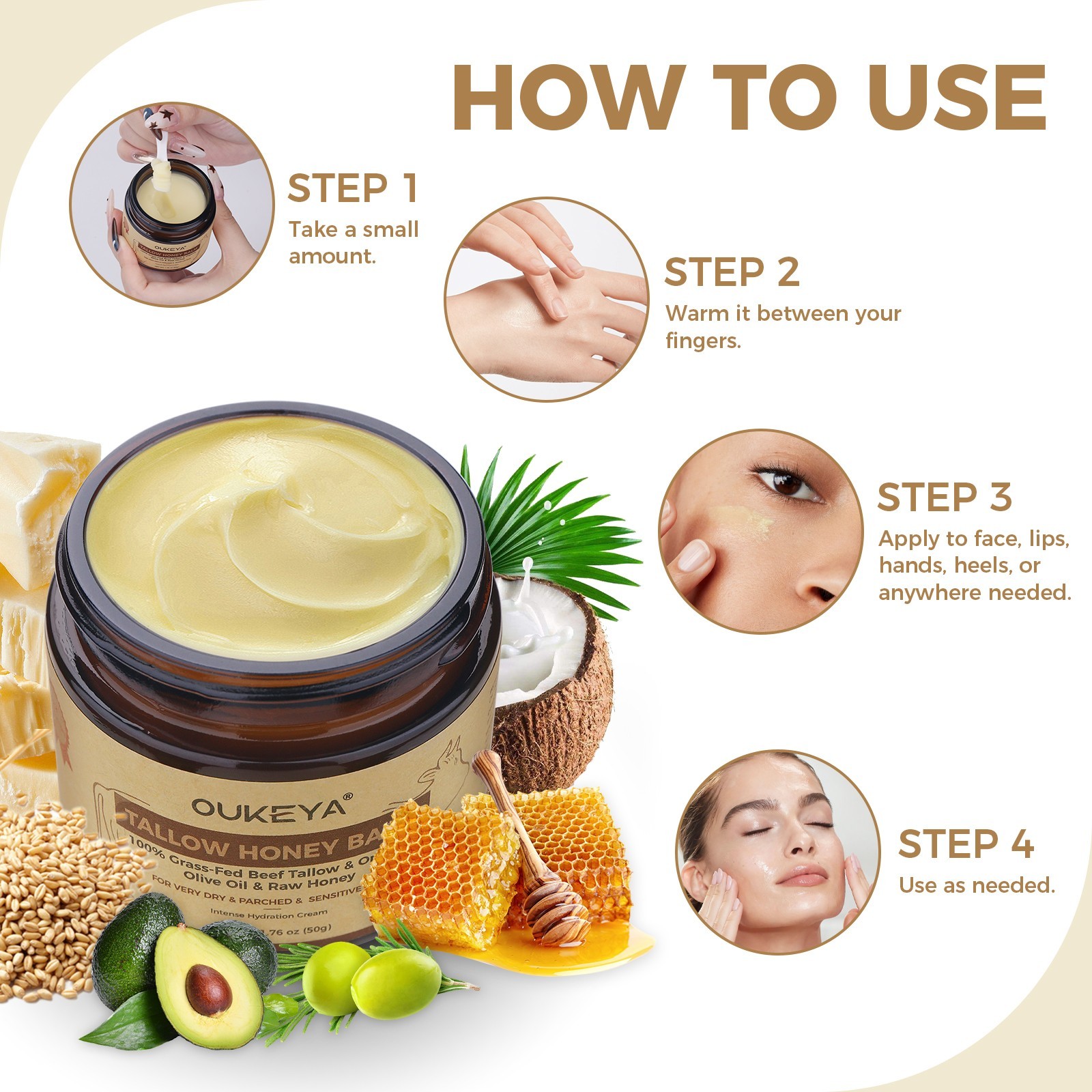 OUKEYA Organic Grass-Fed Beef Tallow Balm with Raw Honey Skin Moisturizer 50g