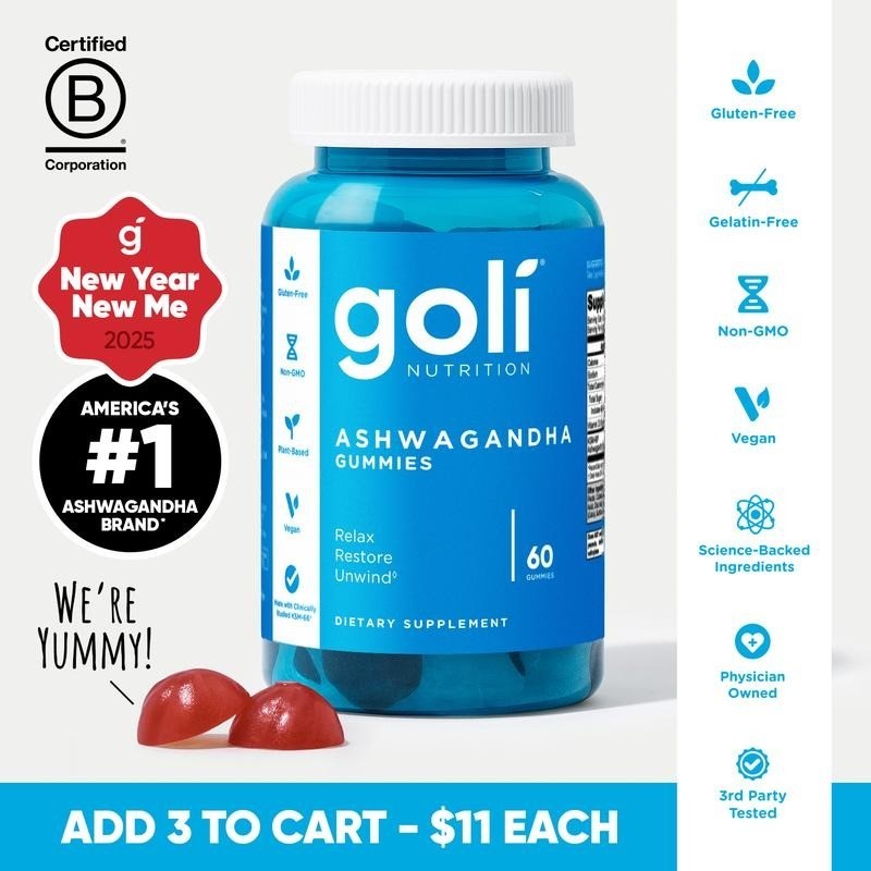 Goli Ashwagandha & Vitamin D Gummy Mixed Berry KSM-66, Vegan, Non-GMO 60 Count