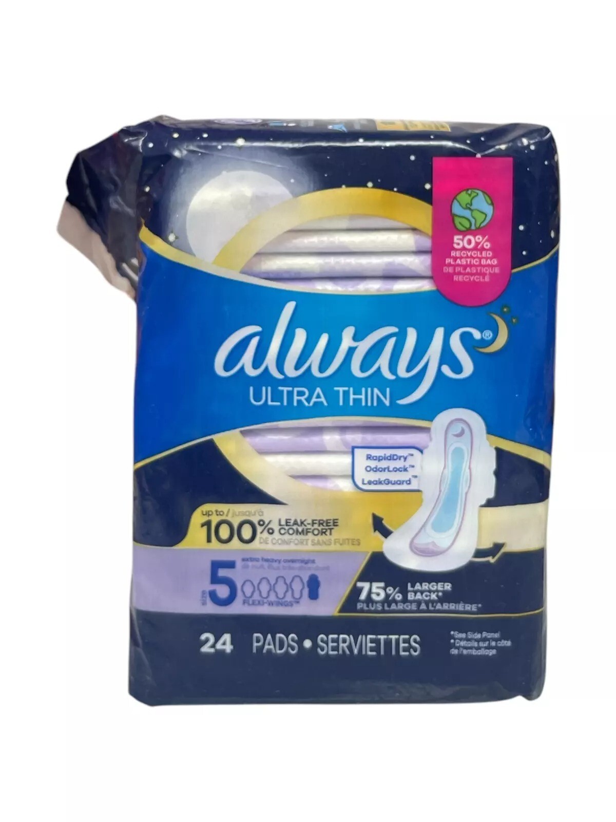 Always Ultra Thin Pads. Extra Heavy Overnight. Size 5. 24 Pads each -2 Pack