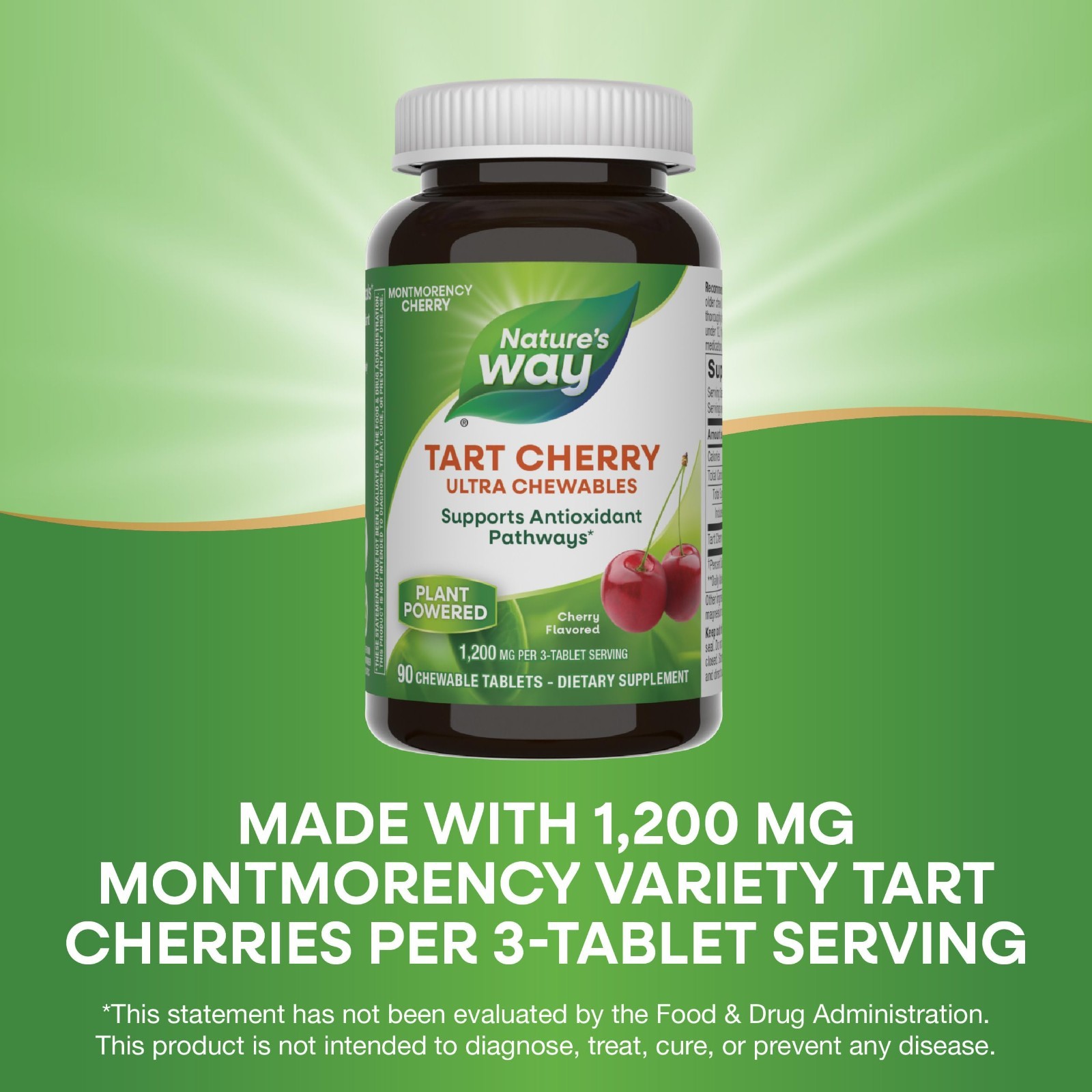 Tart Cherry Chewable Tablets 1200mg – 90 Count, Antioxidant Support, Vegan, Glut