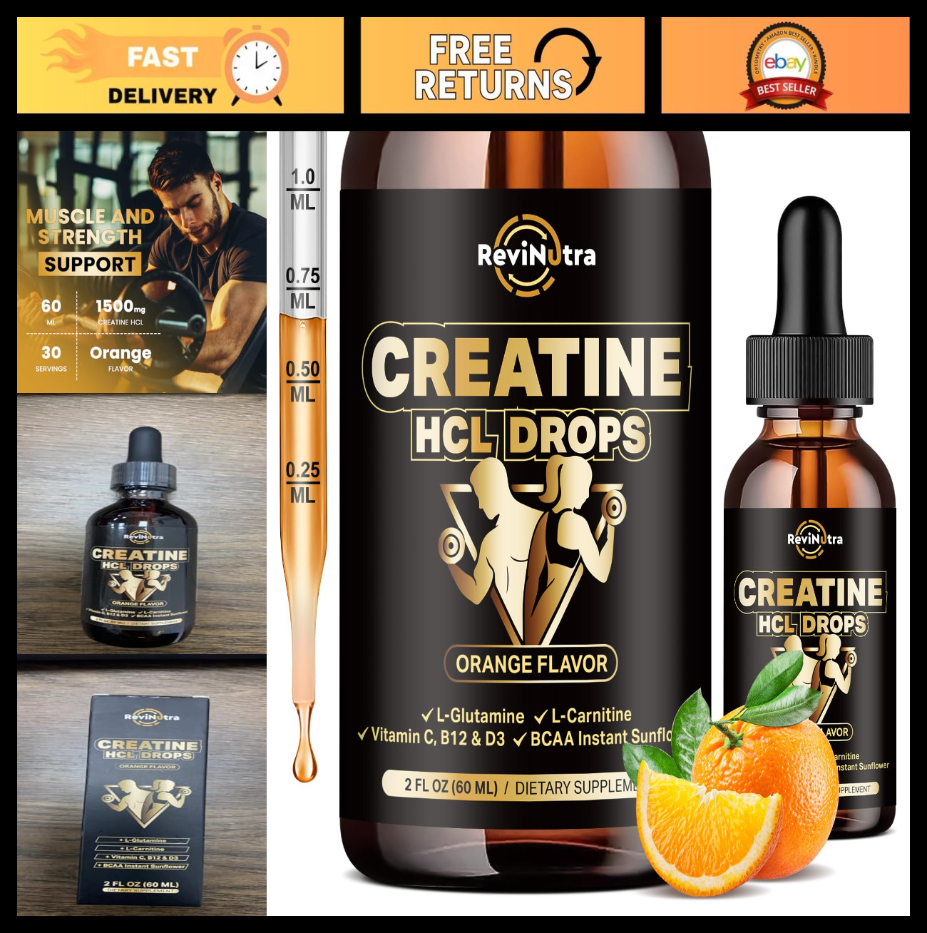 High Absorption Creatine HCL Liquid Drops 1500mg – 2 Fl Oz Orange Flavor for Ene