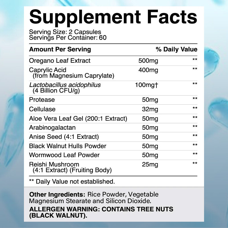 Potent Candida Cleanse support capsules and Detox with Herbs Enzymes formula