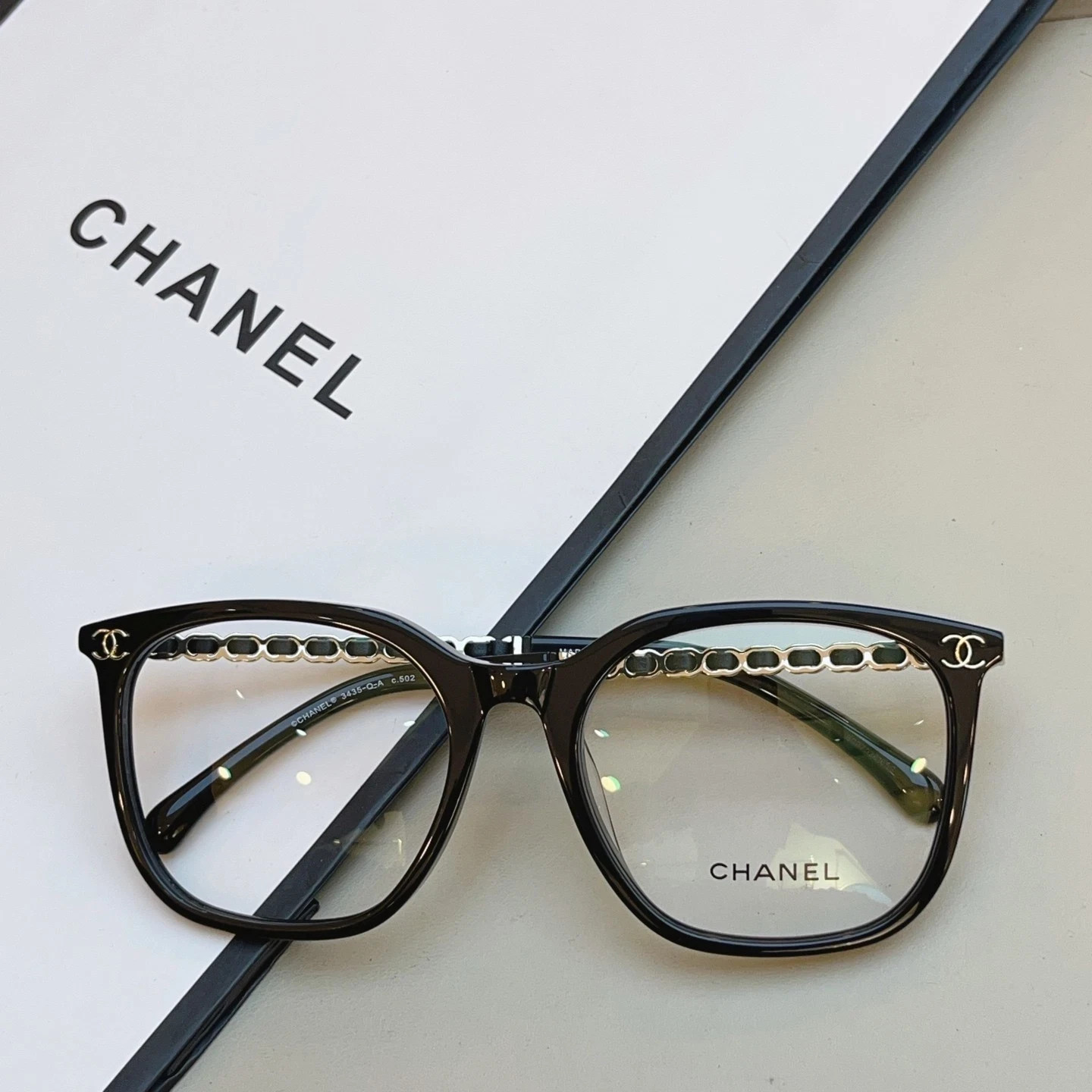 Chanel 3435 black rectangular frame transparent lenses 54 20-140 women’s glasses