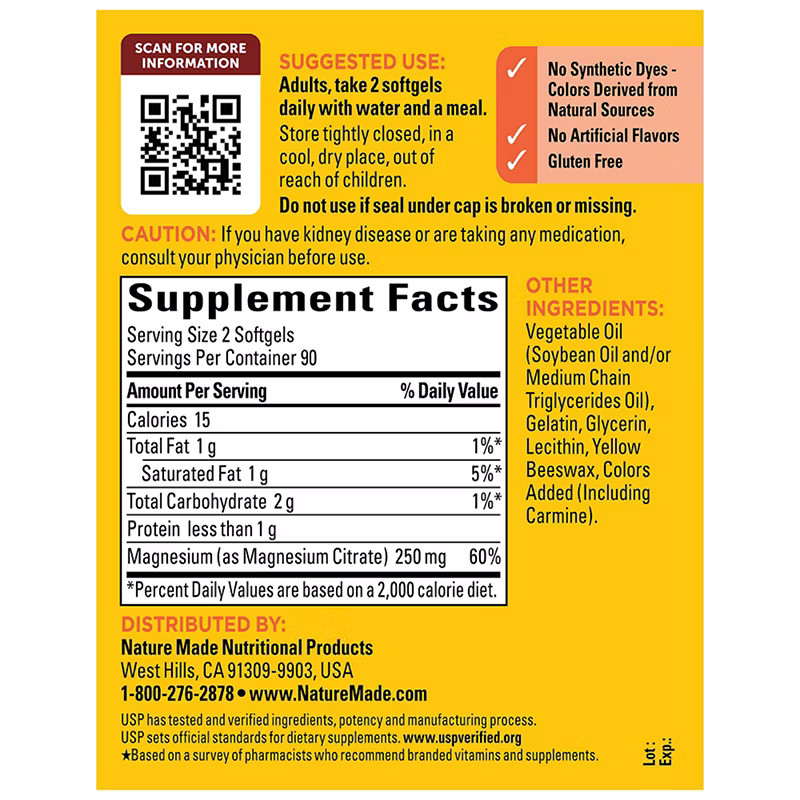 Nature Made Magnesium Citrate 250mg Softgels 180 Ct High Absorption EXP: 08/27