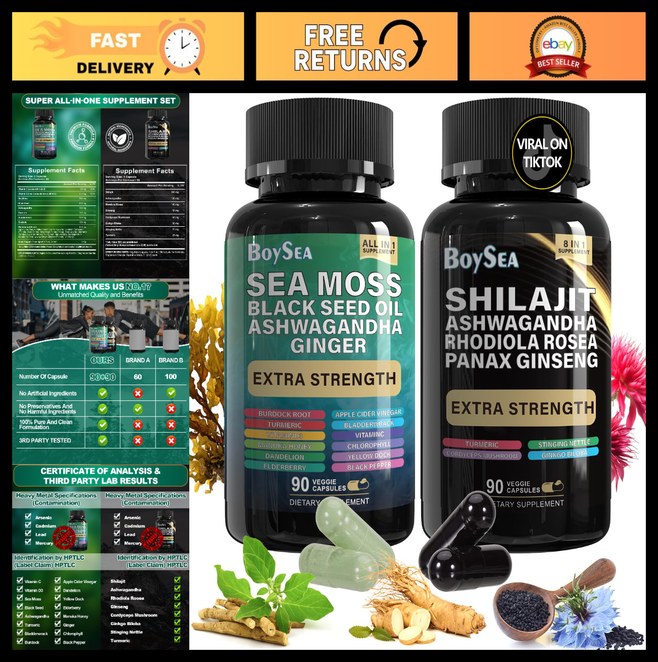 Shilajit & Sea Moss Bundle – 180 Count, Black Seed Oil, Ashwagandha, Ginger, Rho