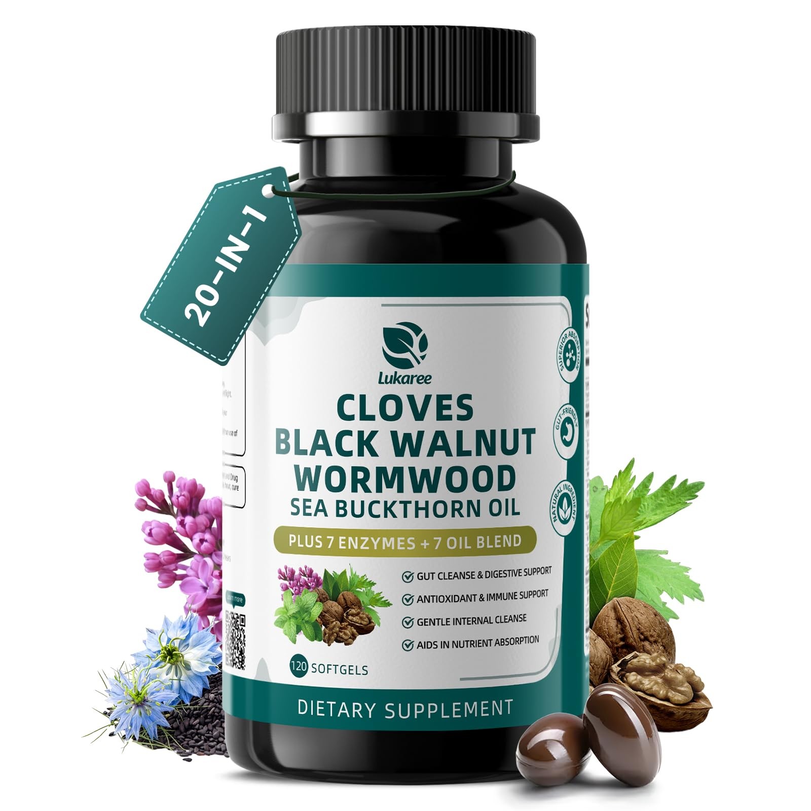 Lukaree Wormwood Black Walnut Clove Cleanse for Humans Softgels, 20-in-1 Extra S