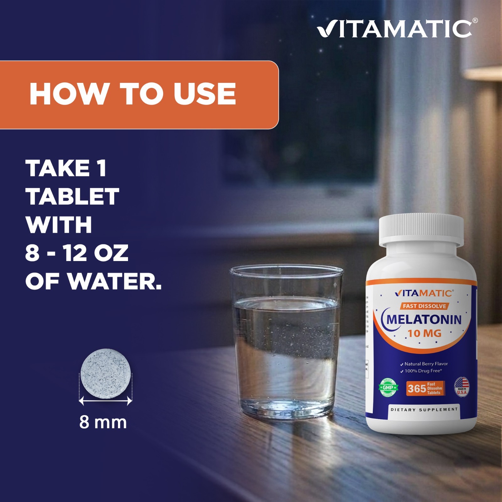 Vitamatic Melatonin 10 mg Tablets | Non-GMO, Gluten Free, 1 Year Supply
