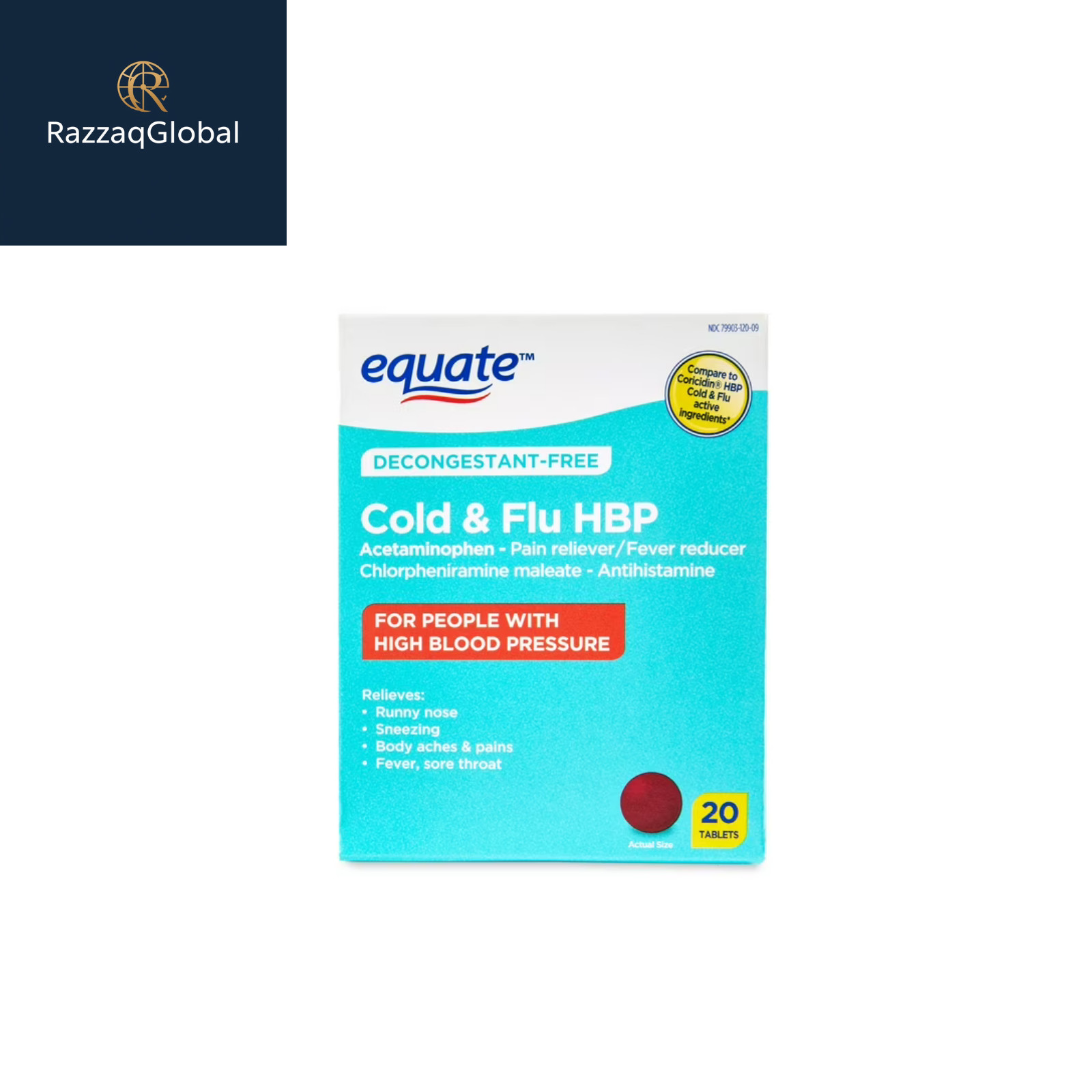 Equate Decongestant-Free Cold & Flu HBP Tablets 20 Count vs Coricidin HBP