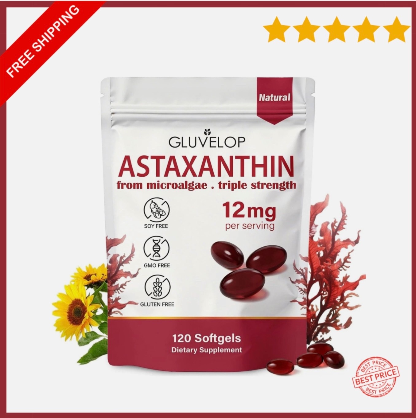 Astaxanthin 12mg 120 Softgels, 4 Month Supply,Triple Strength,Non-GMO,Eye Health