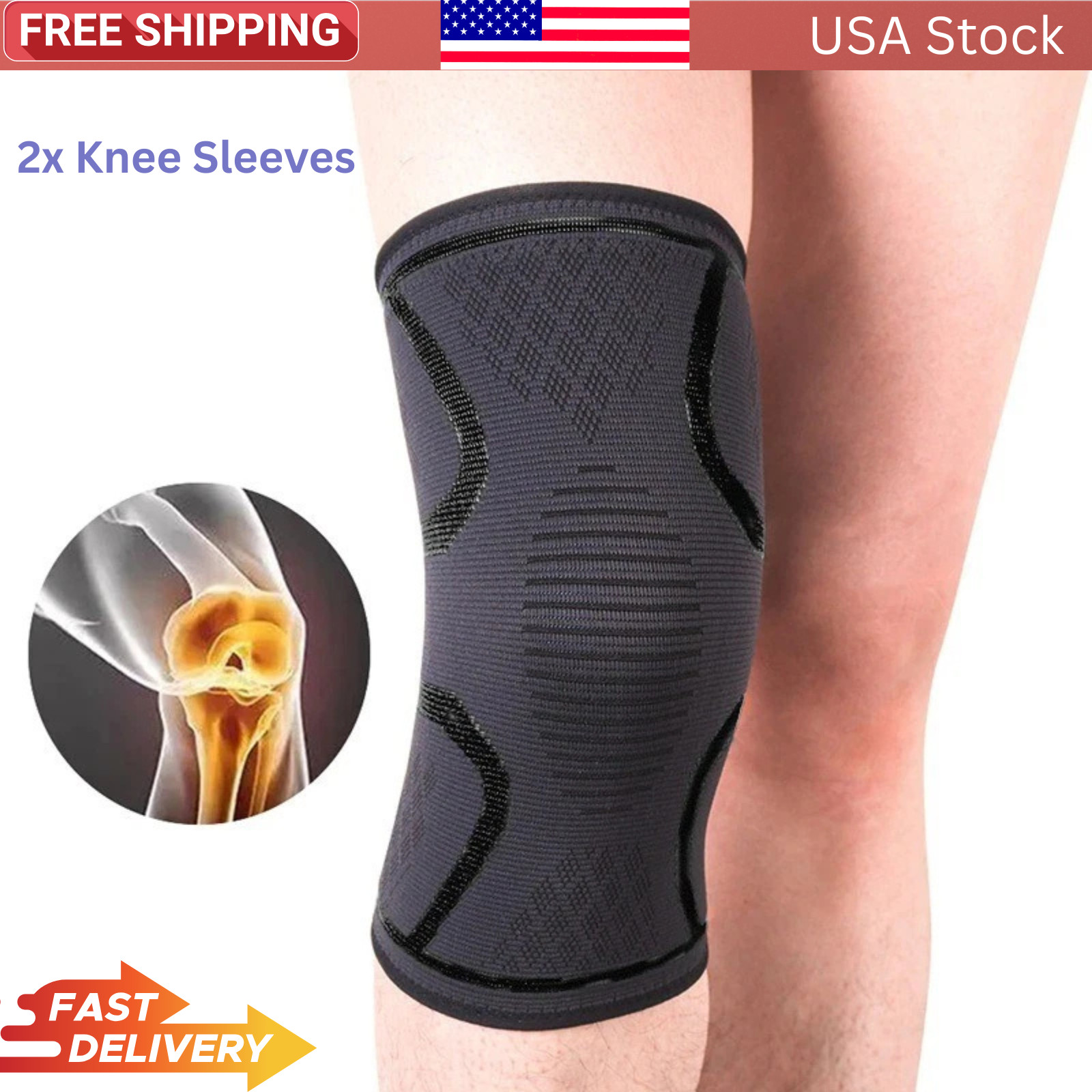 2x Knee Sleeves Copper Silver Compression Brace Support Sport Joint Injury Pain