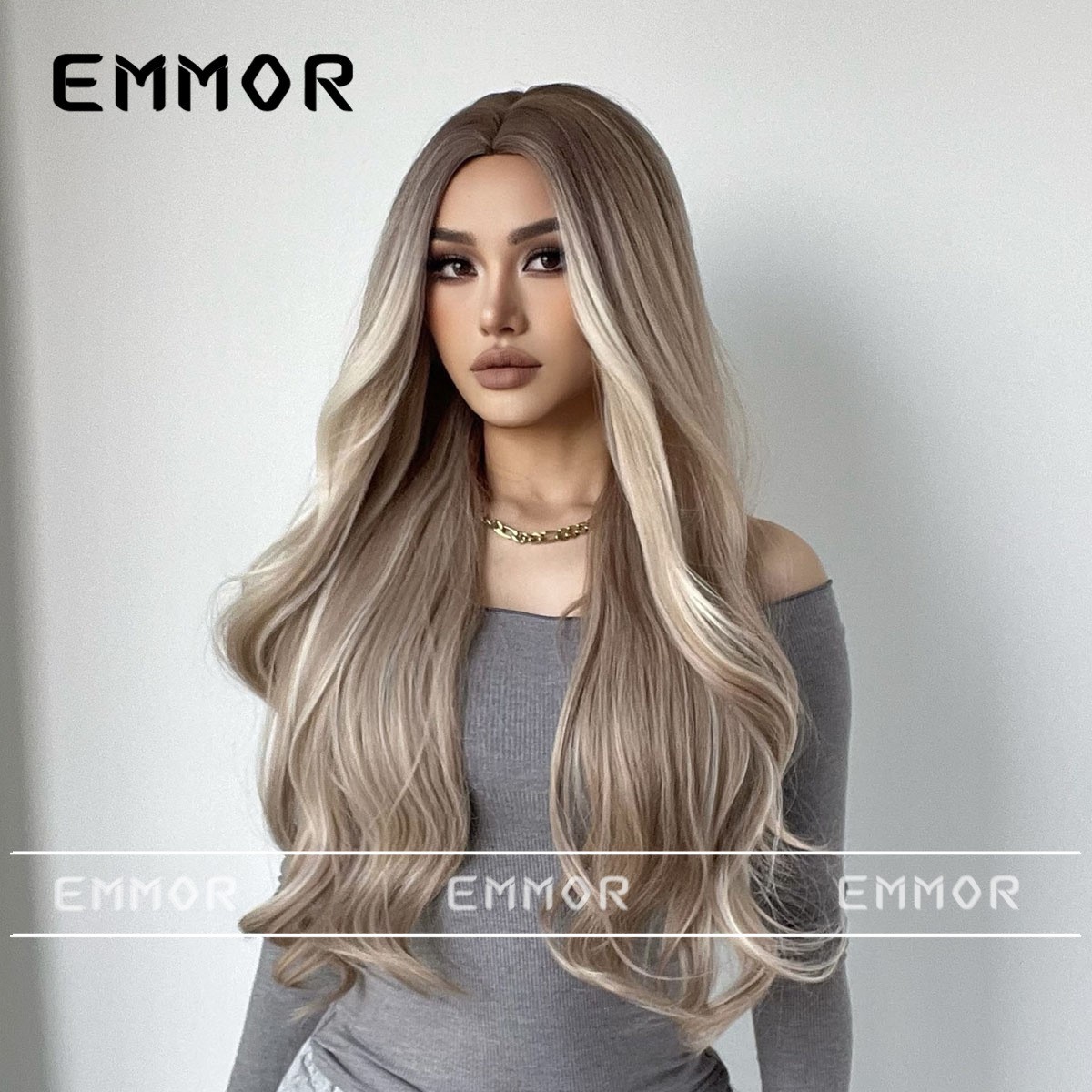 Middle Part Long Curly Ombre Gray Brown Wig Fashion European Style Natural Full