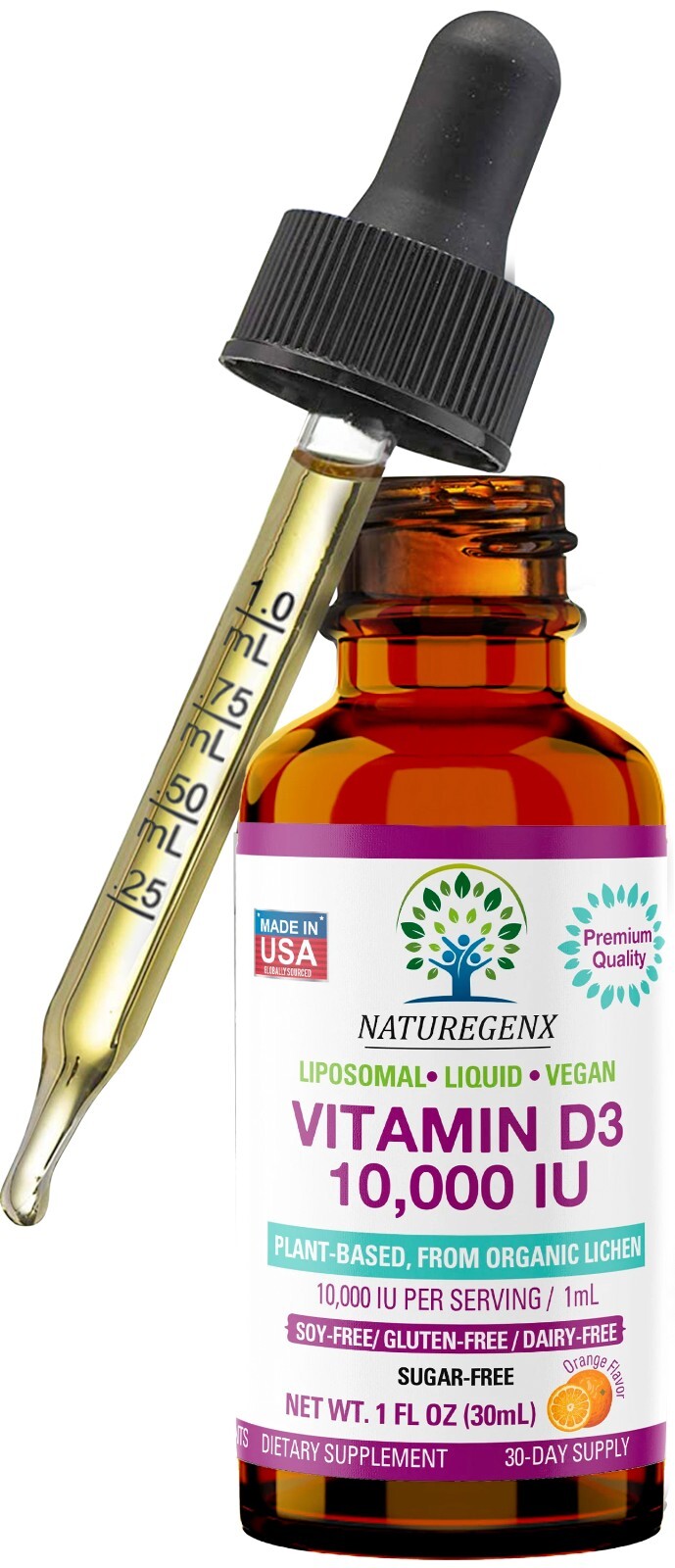 Vegan Plant Based Liposomal Liquid Vitamin D3 dropper – 10,000 IU, Orange Flavor