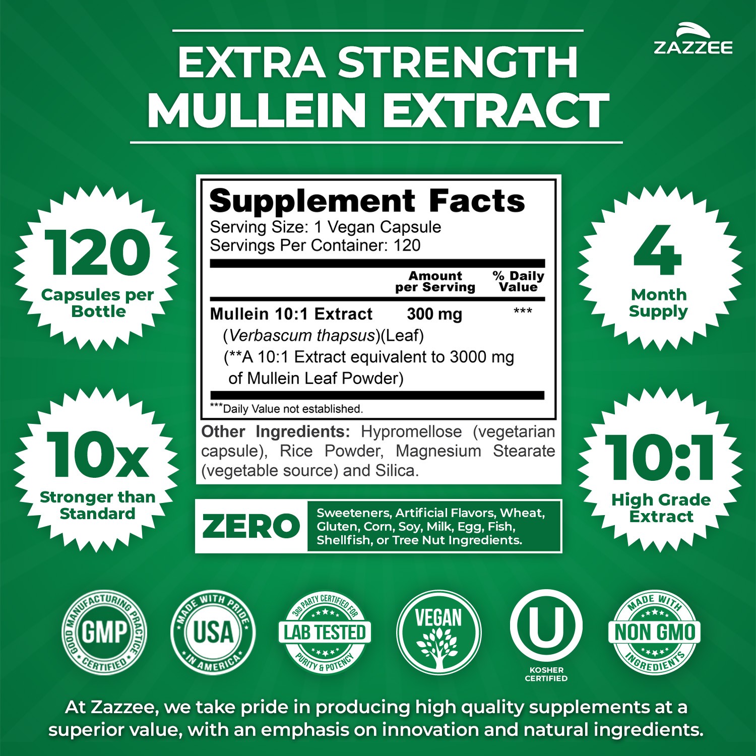 Zazzee Extra Strength Mullein 10:1 Extract, 3000 mg Strength, 120 Vegan Capsules