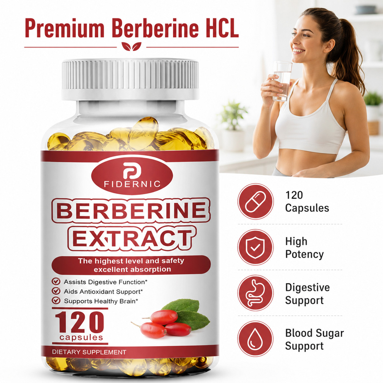 Berberine HCL 120 Capsules Blood Sugar Digestive Support