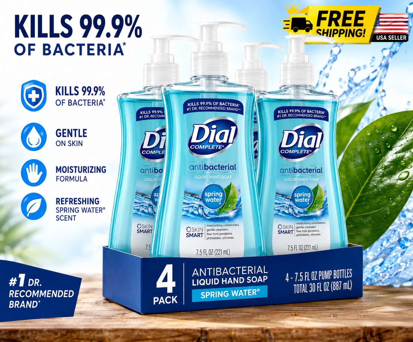 Dial Antibacterial Liquid Hand Soap Spring Water 7.5oz, Blue – (4-PACK)