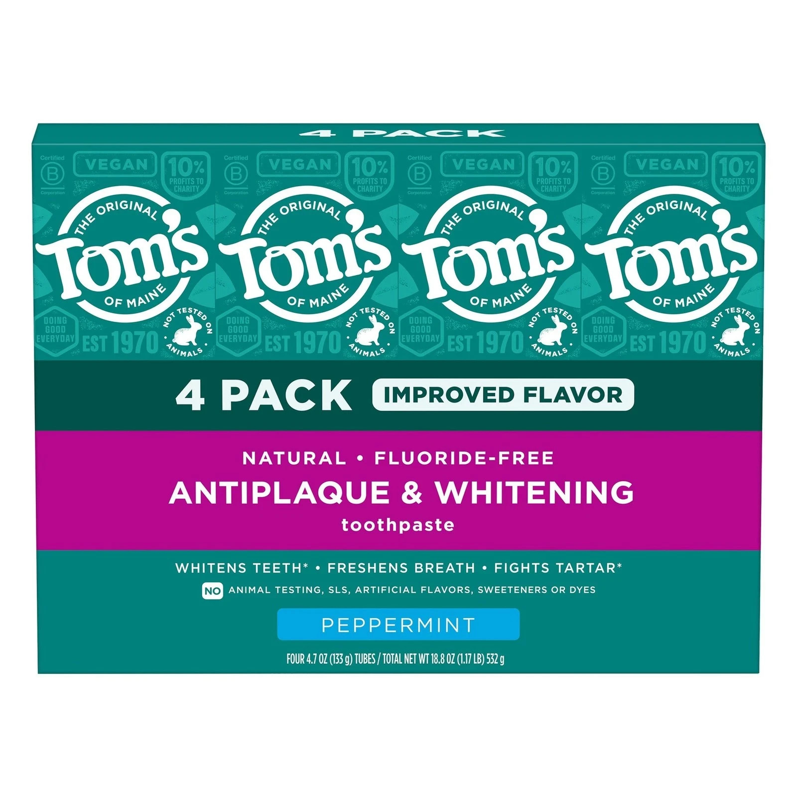Tom’s of Maine Fluoride-Free Antiplaque & Whitening Toothpaste, 4.7 oz, 4-pk NEW