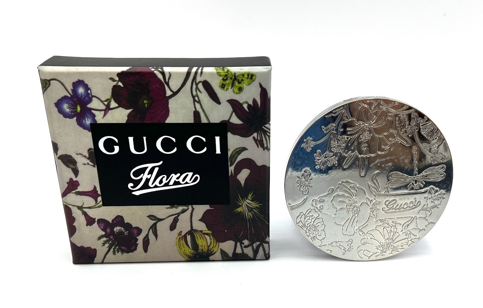Gucci Cosmetic Monogram Embossed Compact Double Face Pocket Mirror ~ Silver