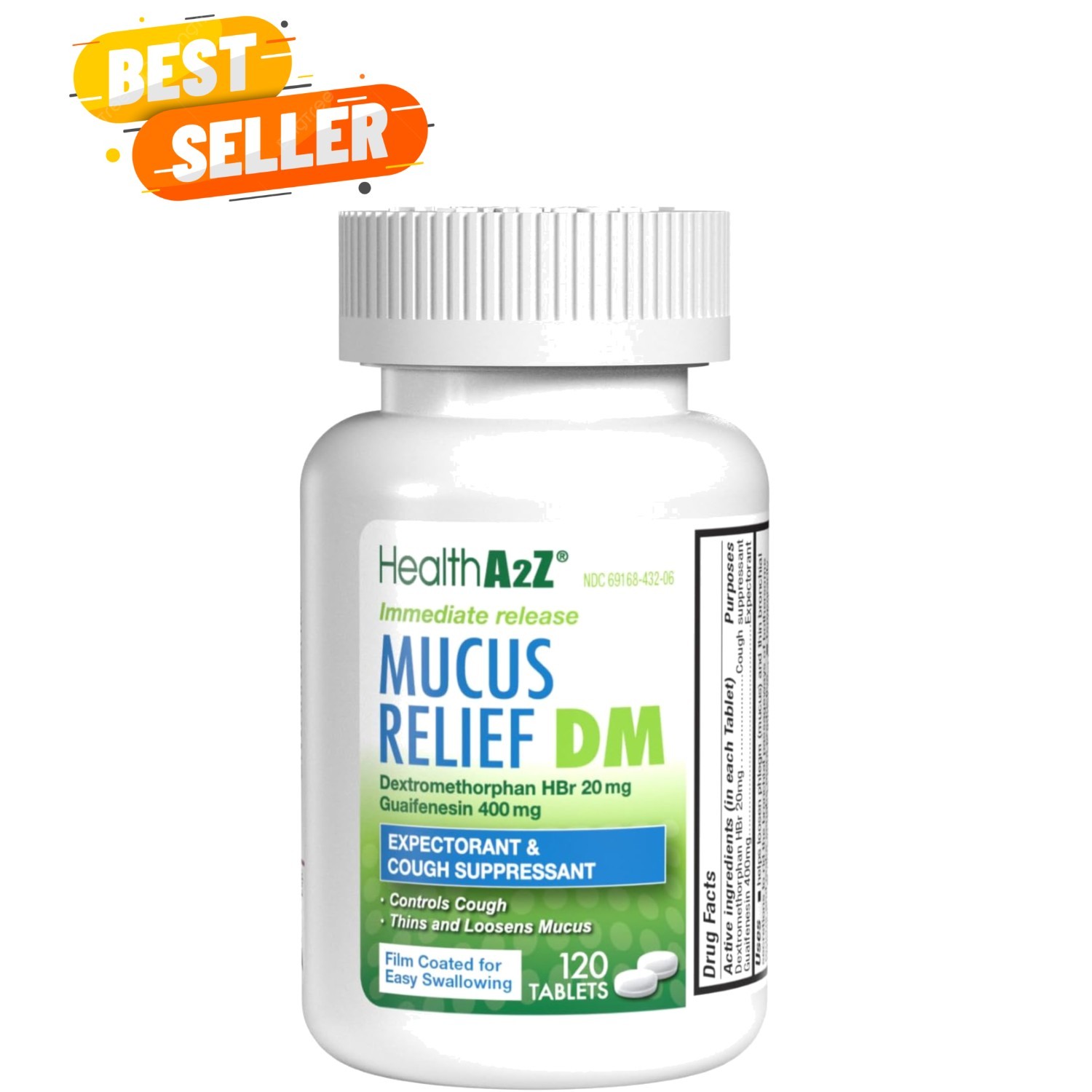 120 Count Mucus Relief DM – Dextromethorphan 20mg & Guaifenesin 400mg for Adults