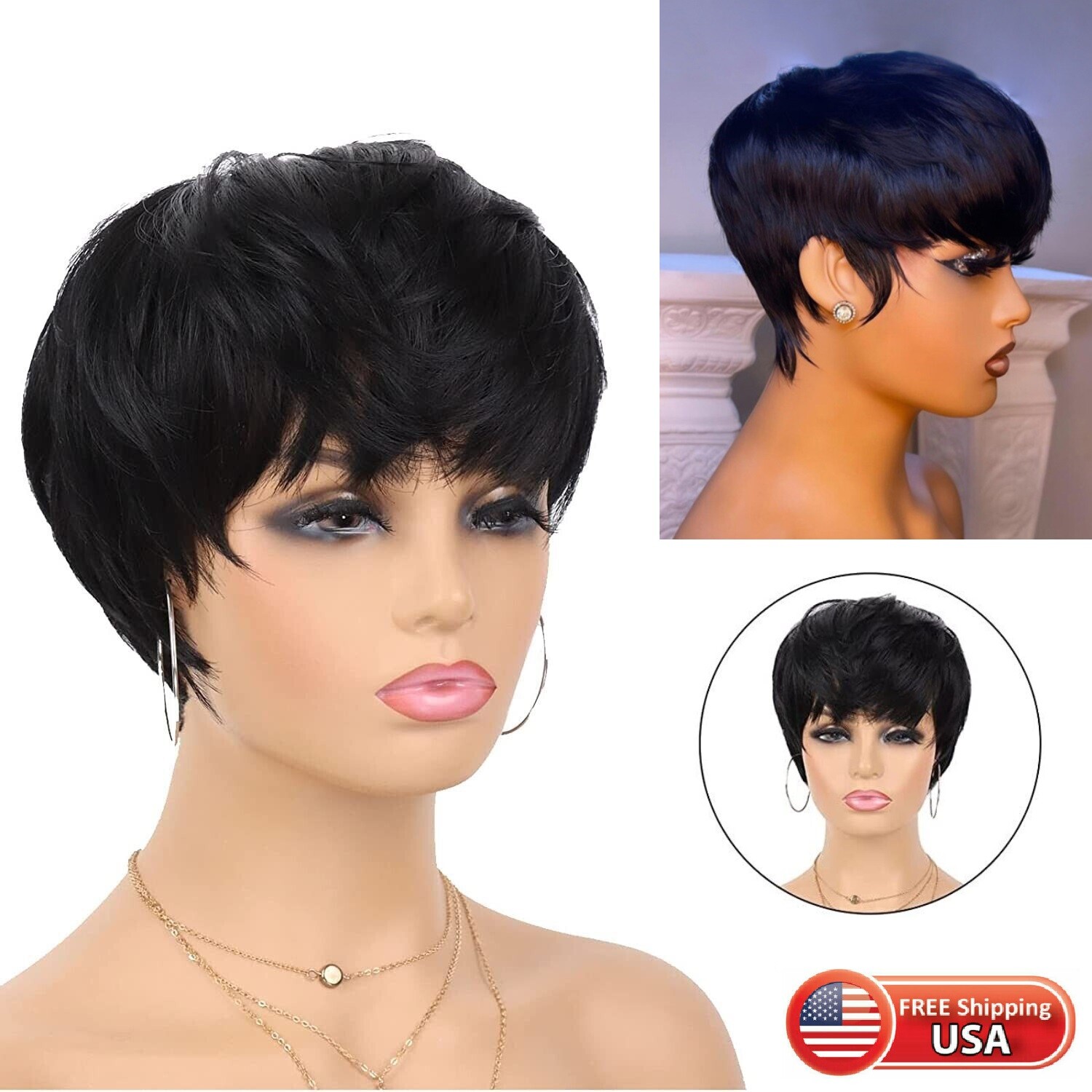 Women Pixie Cut Black Short Bob Wigs Brazilian None Lace Hairstyles Natural Wigs