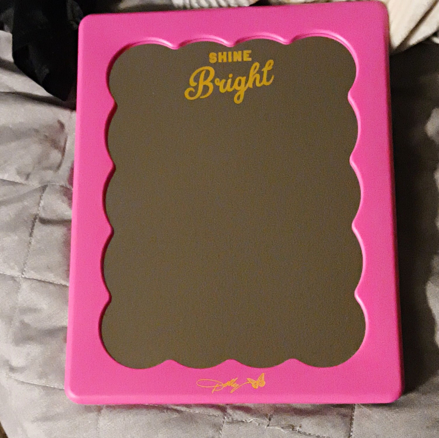 Pink Rectangular Scalloped Edge Vanity Makeup Mirror “Shine Bright” Tabletop