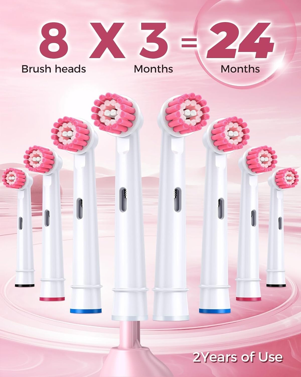 Rotating Electric Toothbrush Rechargeable Pink 8 Brush Heads 3 Modes Timer