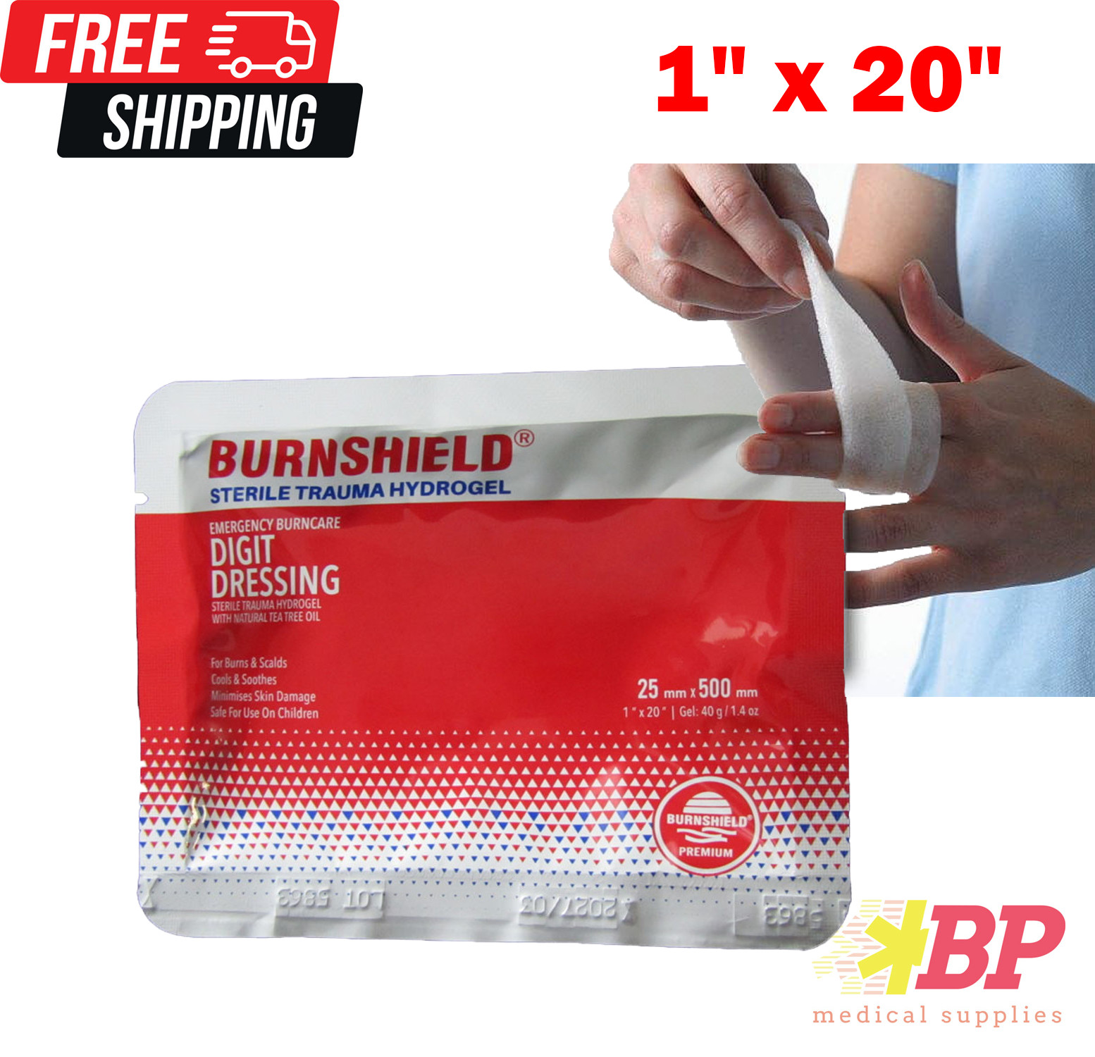 Burnshield Hydrogel Digit Dressing Emergency Sterile Burn Care 1″ x 20″