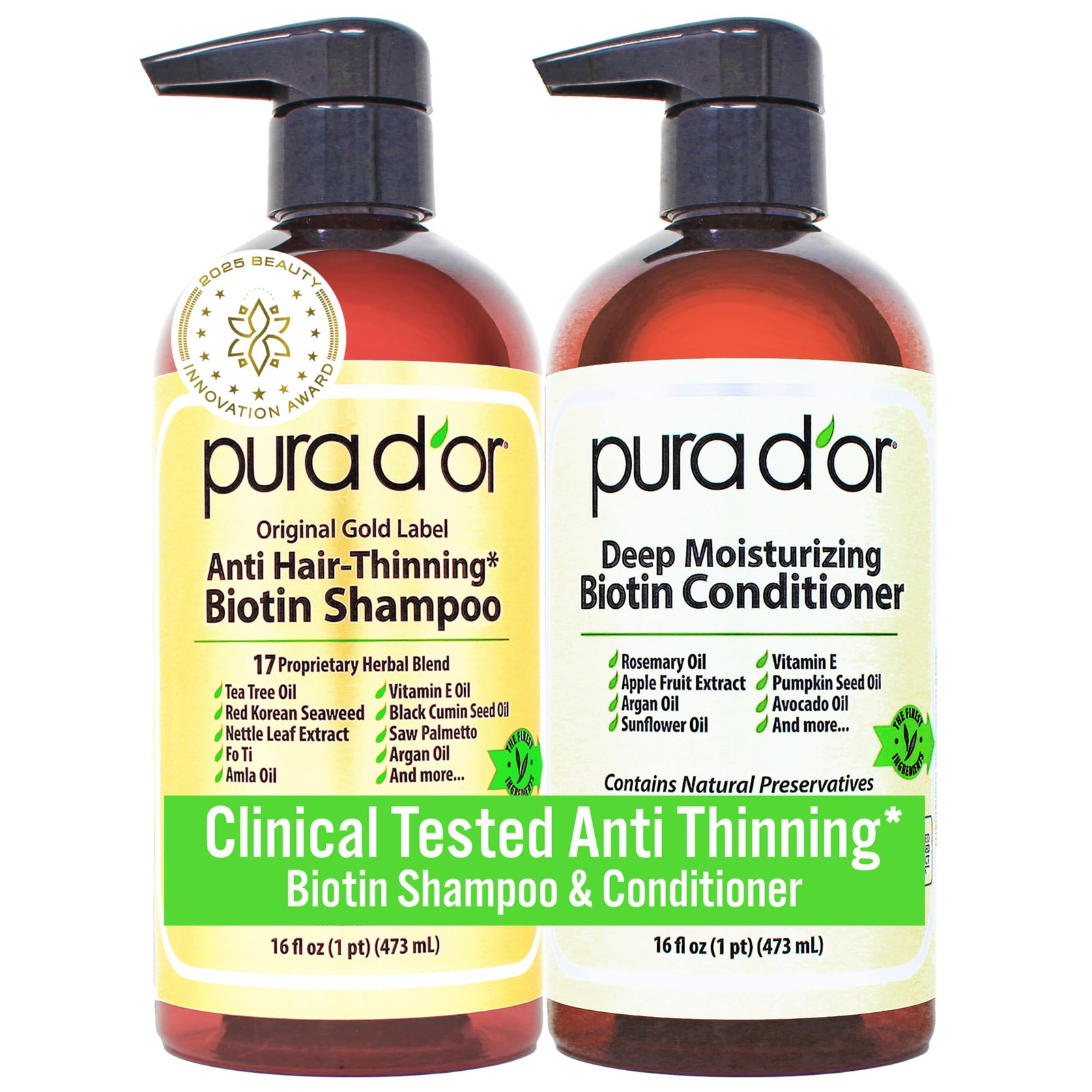 Pura D’Or Pura Dor Anti-Thinning Biotin Original Gold Label Set 16Oz X2 Tested
