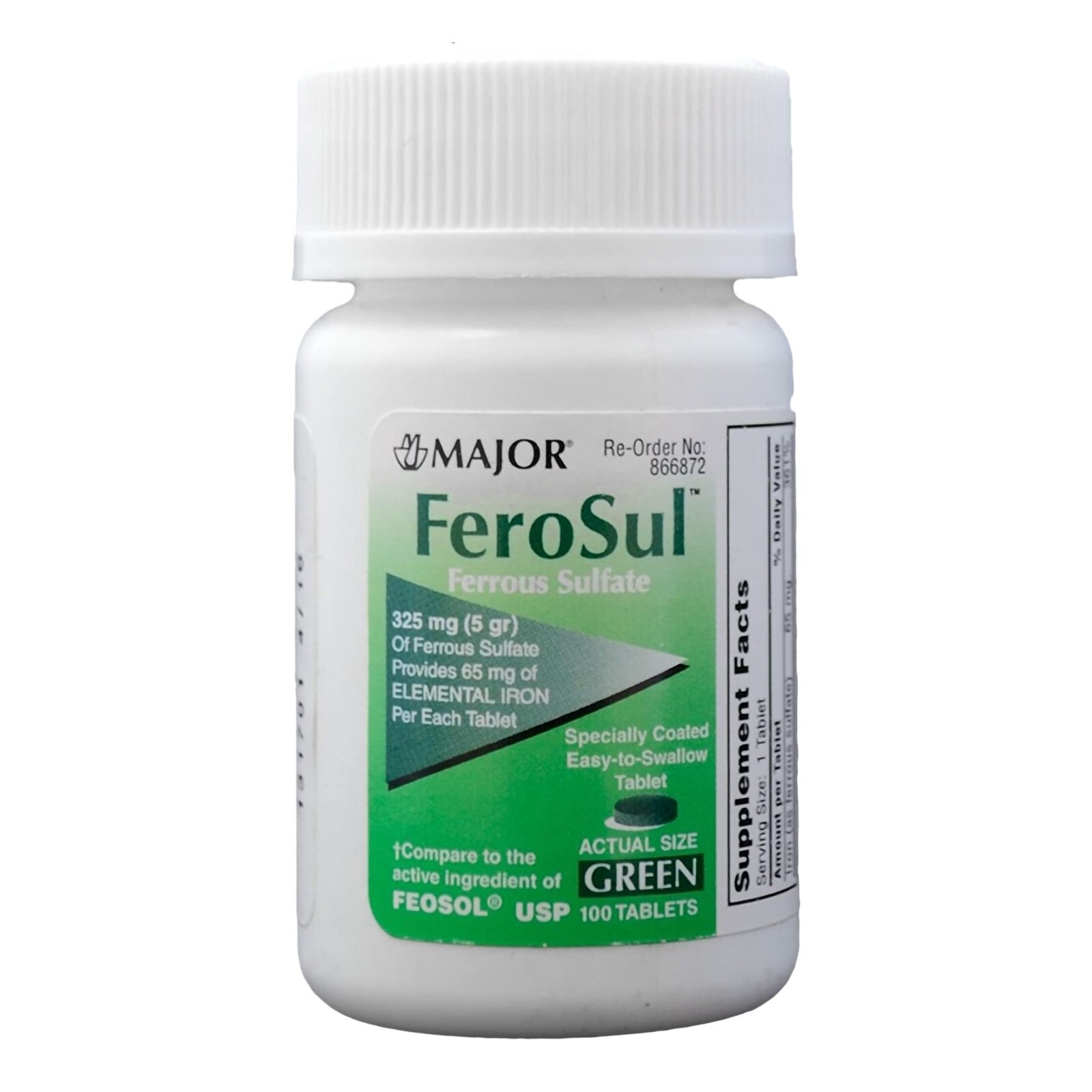 Mineral Supplement FeroSul Iron 325 mg (5 Gr), Ferrous Sulfate Green, 100 Count
