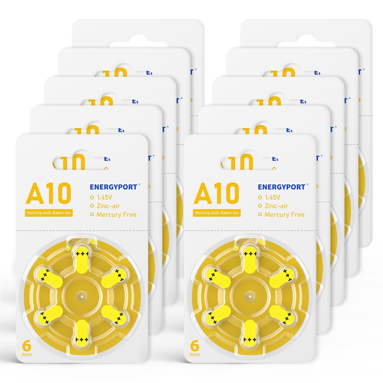 Lot ENERGYPORT 10 Size Hearing Aid Batteries A10 Zinc Air Mercury Free Battery