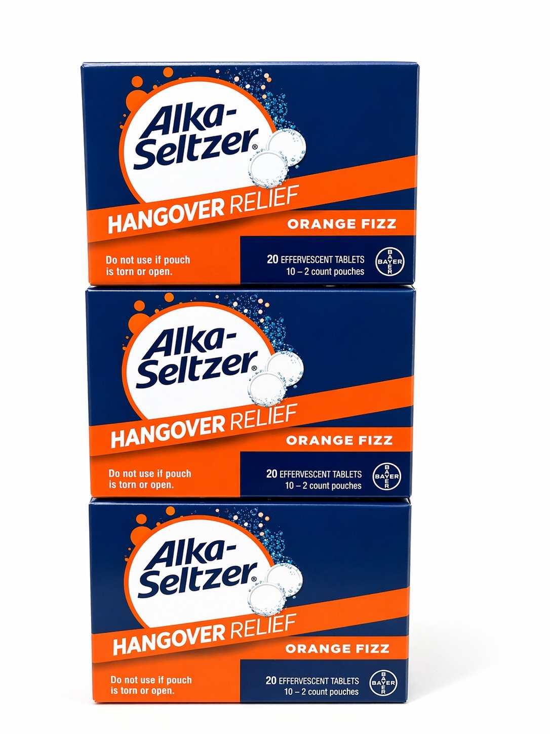 Alka-Seltzer Hangover Relief Orange Fizz 3 Boxes 20ct Each Exp 03/2027