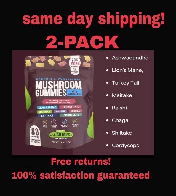 2-PACK Mushroom Gummies Organic with Ashwagandha Shiitake Turkey Tail Lions Mane